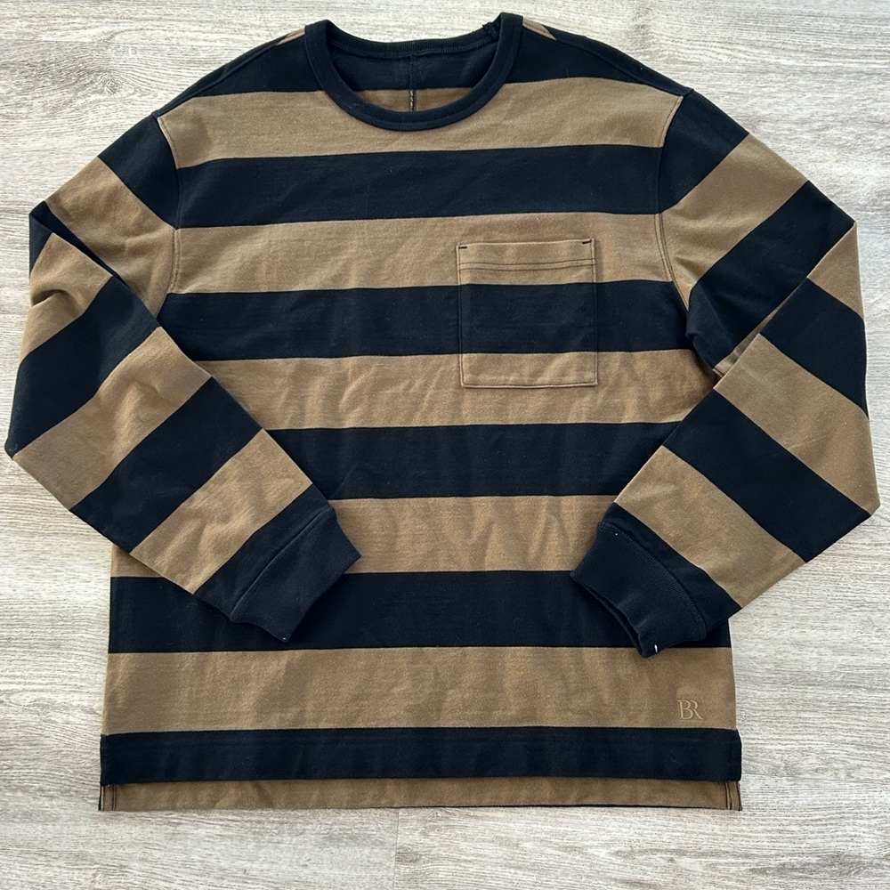 Banana Republic Men's Black and Brown Striped Long Sleeve Shirt